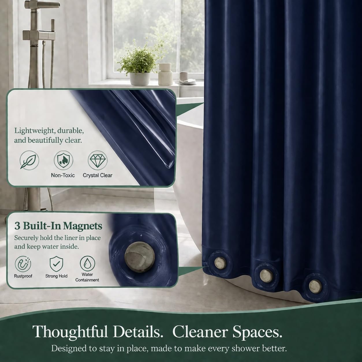 EHZNZIE White Shower Curtain Liner 72x72, PEVA Waterproof Bath Curtain, No Chemical Smell, 3 Weighted Magnets, Durable with Rustproof Metal Grommets