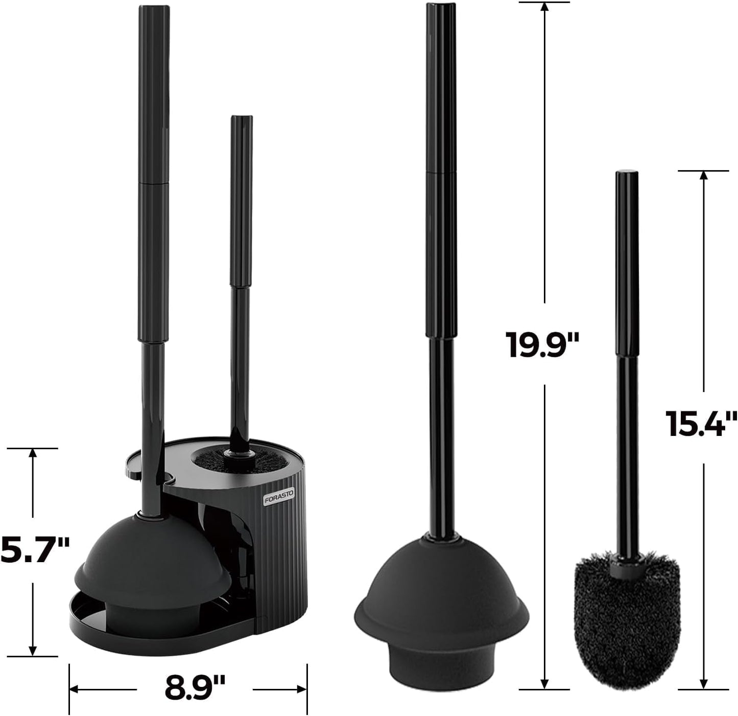 FORASTO 2in1 Toilet Brush and Plunger Set - Bathroom Bowl Holder Combo | 21" Extended, Apartment Must Haves, Accessories Decor, Essentials, New Home Storage, Scrubbing Tools, Washing Supplies, Black