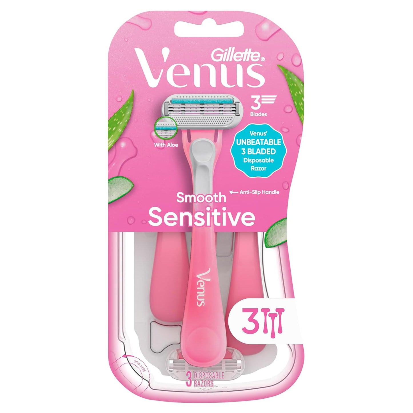 Gillette Venus Sensitive Women's Disposable Razors - Single Package of 3 Razors