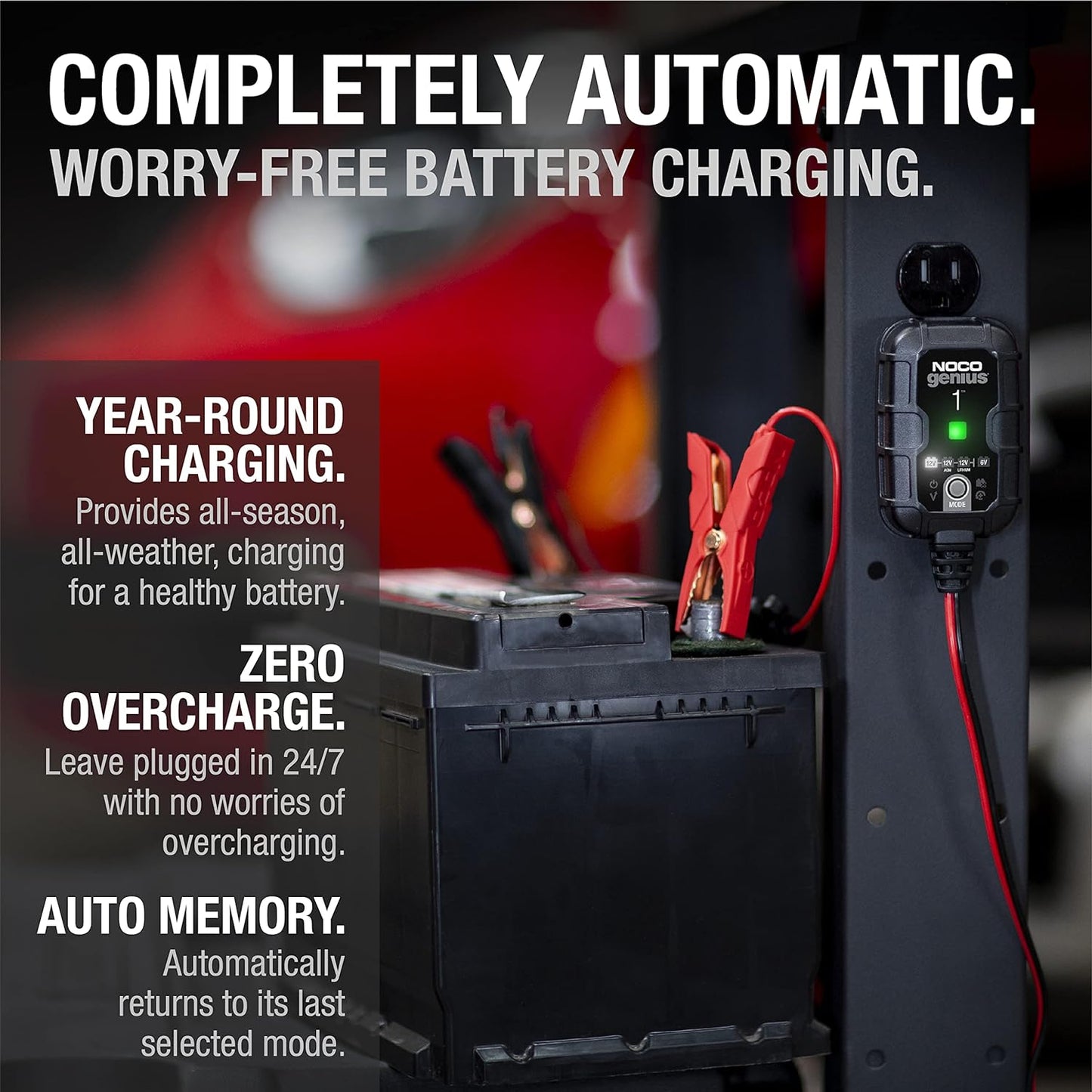 NOCO GENIUS1: 1A 6V/12V Smart Battery Charger – Automatic Maintainer, Trickle Charger & Desulfator with Overcharge Protection & Temperature Compensation – for Lead-Acid & Lithium Batteries | Overcharge Protection, Desulfator, Temperature Compensation, For