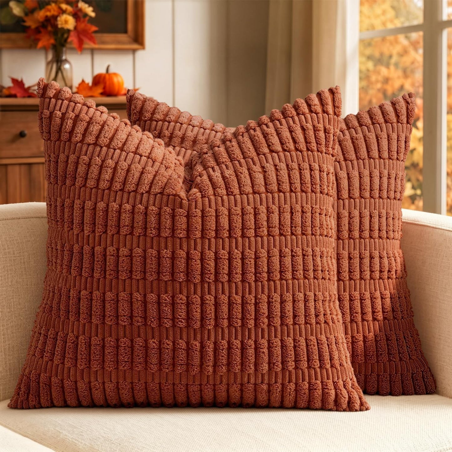 MIULEE Corduroy Decorative Throw Pillow Covers 18x18 Aqua Green Pack of 2 | Soft Boho Striped Pillow Covers Modern Farmhouse Home Decor For Sofa Living Room Couch Bed