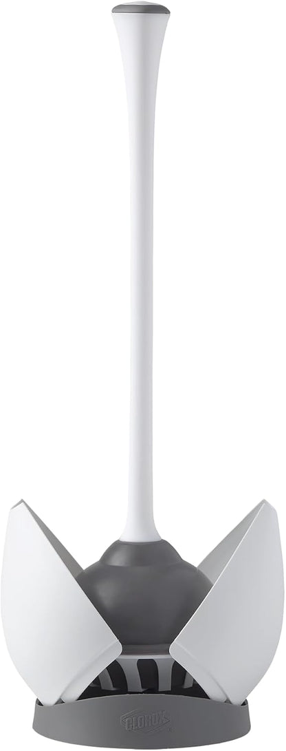 Clorox Toilet Plunger with Hideaway Holder Caddy Heavy-Duty Compact Design with Non-Skid Rubber Base for Bathroom Convenient Storage Toilet Unclogger, 6.5x19.5-Inch, White