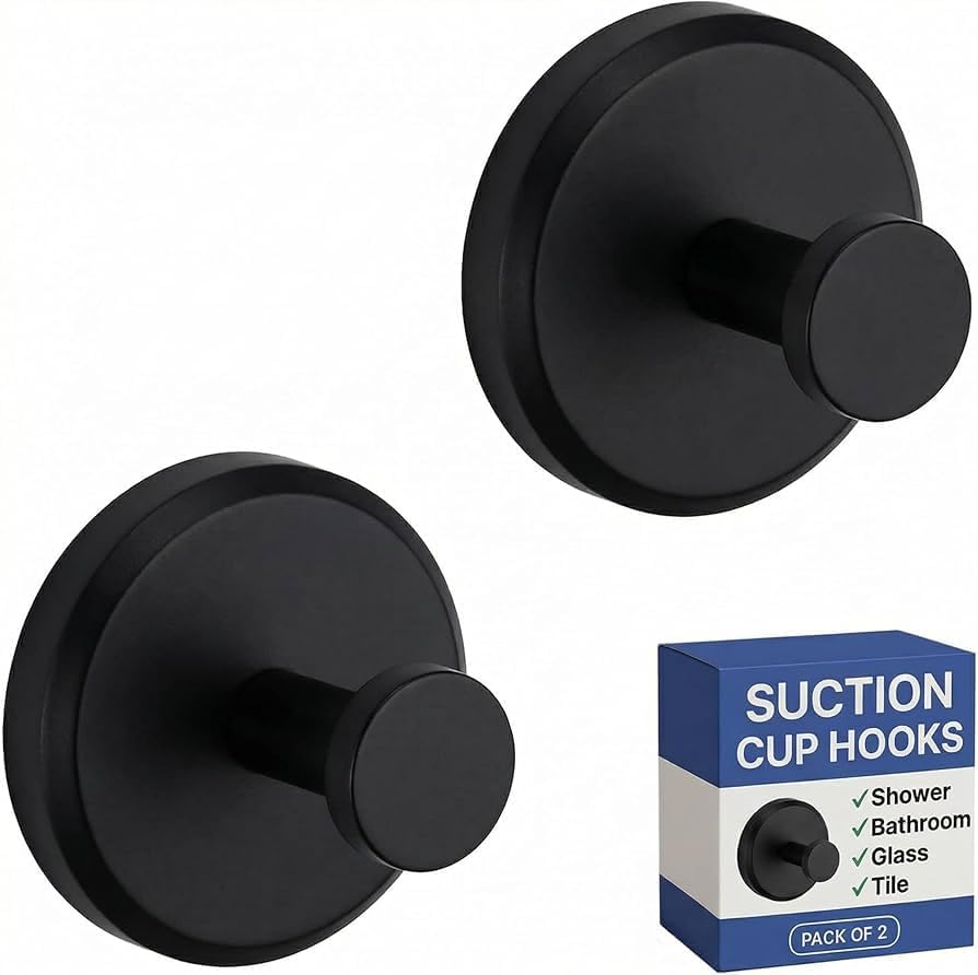 HOME SO Suction Cup Hooks for Shower & Bathroom Towel Holder 2-Pack Black | Waterproof Rustproof Organizer Hook Hanging Loofah Robe Coat Bath Accessories on Tile Glass Door Mirror + Optional 3M Disc
