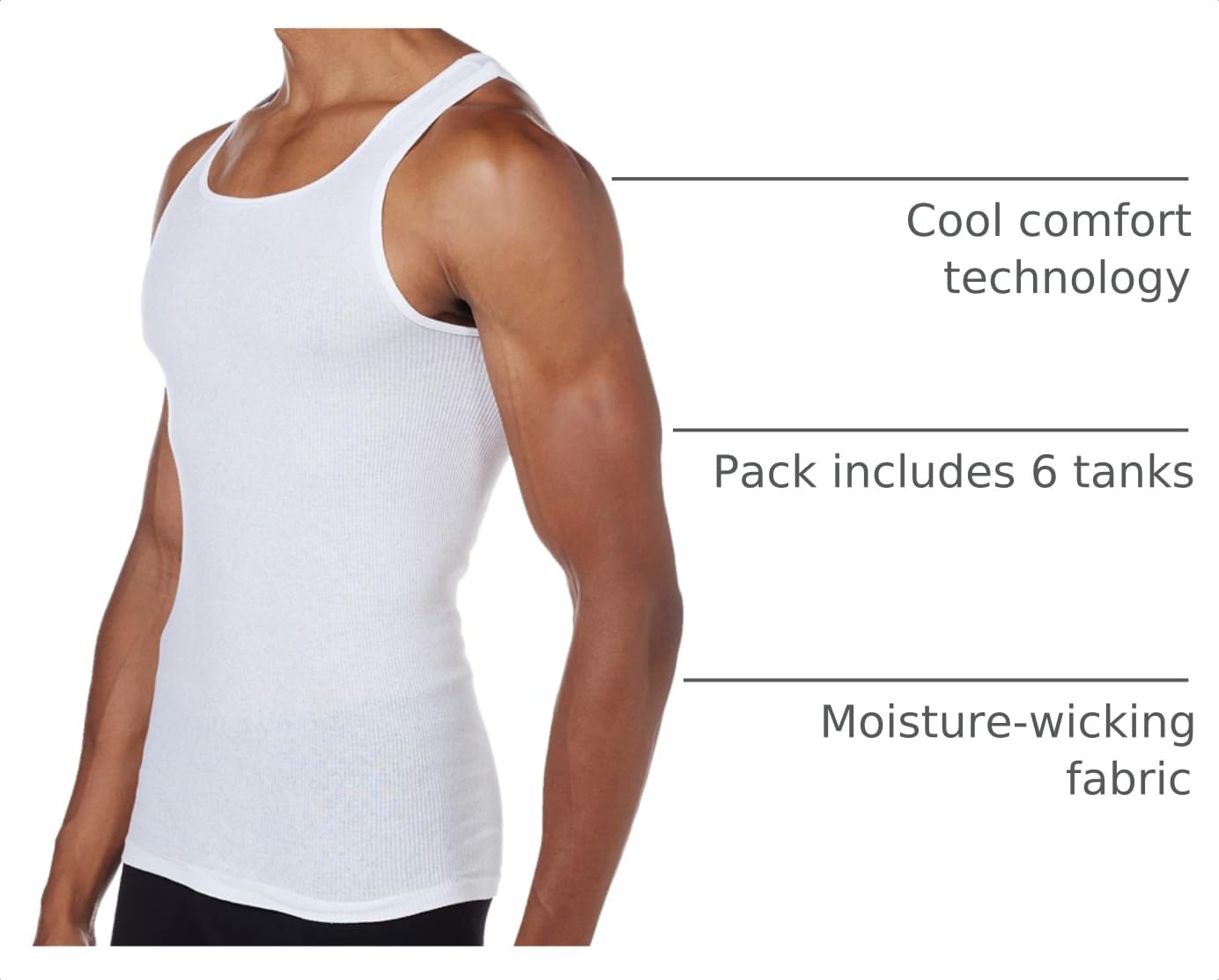 Hanes Men's Tank Undershirt Pack, Cotton Tank Undershirt, Moisture-Wicking, Breathable, White or Grey/Black, Multi-Pack
