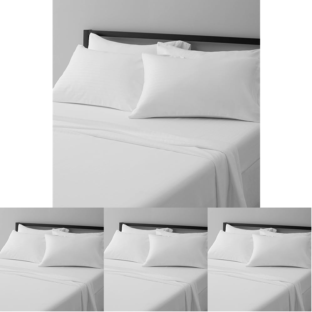 Amazon Basics Lightweight Super Soft Breathable Wrinkle-Resistant Microfiber 4-Piece Bed Sheet Set with 14-Inch Deep Pockets, Queen, Bright White, Solid