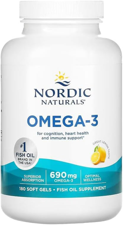 Nordic Naturals Omega-3, 690mg Fish Oil, EPA & DHA, Lemon - 90 Count | Omega-3 fish oil supports immune, brain & heart health. Optimal Wellness. Non-GMO, burpless. 45 servings.