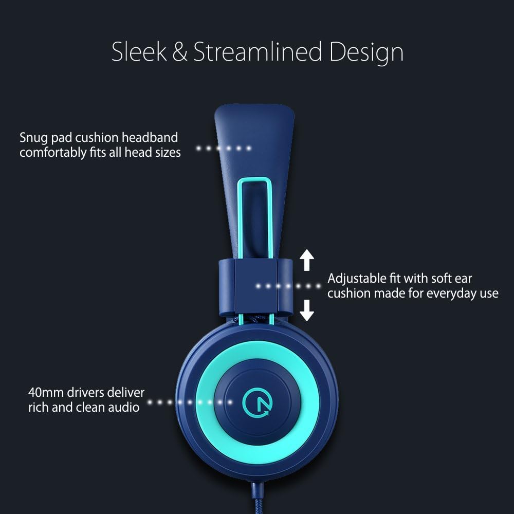 noot products K11 Kids Headphones with Wired Cord 3.5mm Jack Navy/Teal | 5ft Long Cord, Tangle Free, Foldable, Plug in On-Ear Headset for School, Classroom, Boys, Girls, Toddler Laptop Travel Tablet