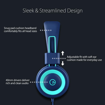 noot products K11 Kids Headphones with Wired Cord 3.5mm Jack Navy/Teal | 5ft Long Cord, Tangle Free, Foldable, Plug in On-Ear Headset for School, Classroom, Boys, Girls, Toddler Laptop Travel Tablet