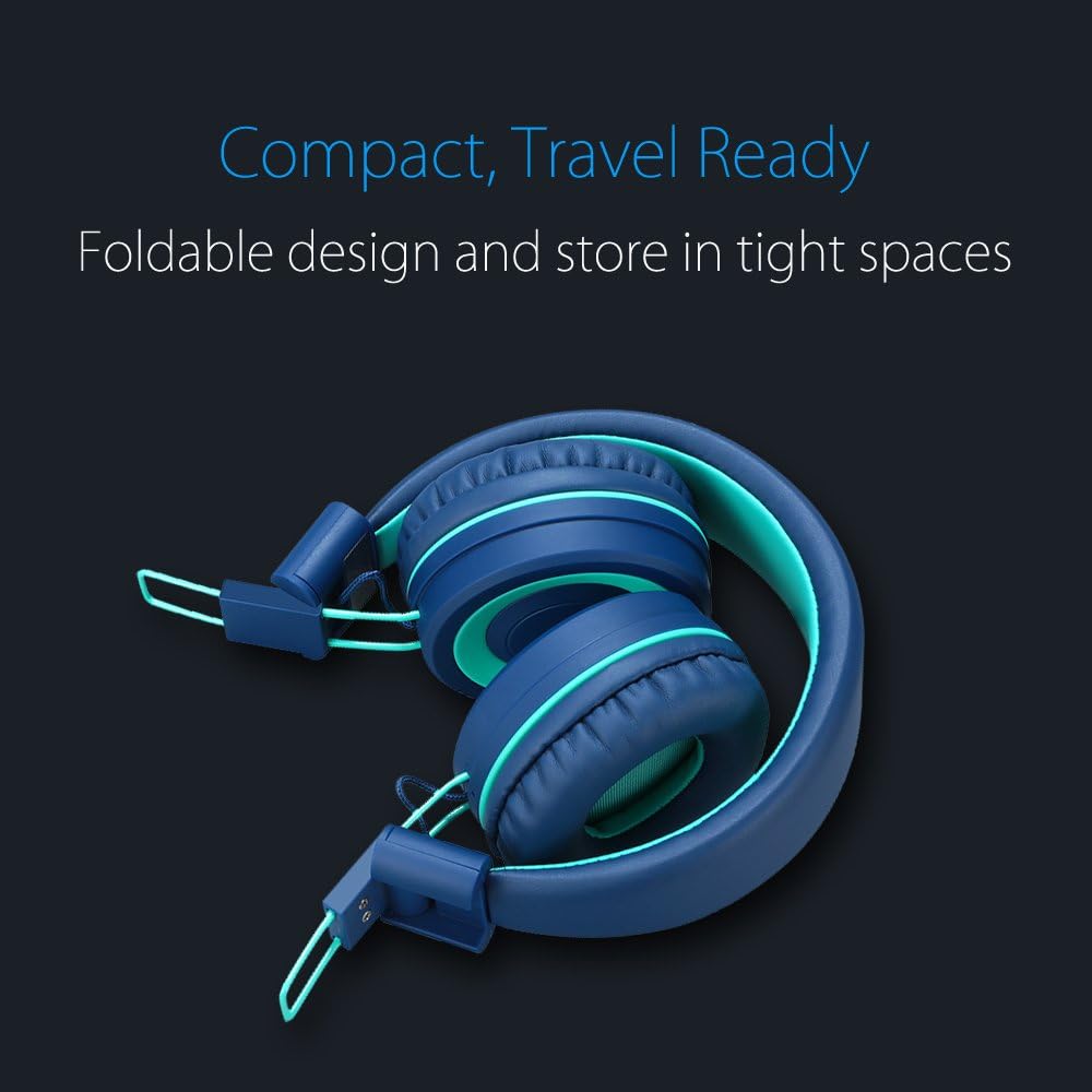 noot products K11 Kids Headphones with Wired Cord 3.5mm Jack Navy/Teal | 5ft Long Cord, Tangle Free, Foldable, Plug in On-Ear Headset for School, Classroom, Boys, Girls, Toddler Laptop Travel Tablet