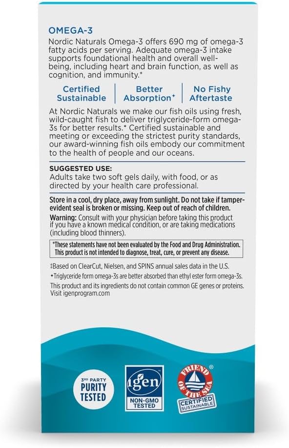 Nordic Naturals Omega-3, 690mg Fish Oil, EPA & DHA, Lemon - 90 Count | Omega-3 fish oil supports immune, brain & heart health. Optimal Wellness. Non-GMO, burpless. 45 servings.