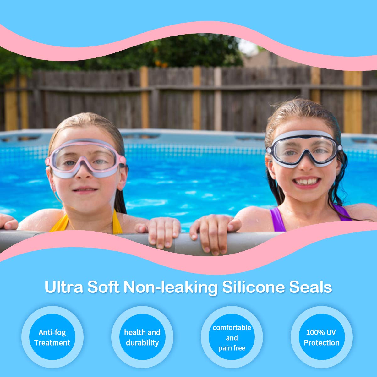 Seago Swim Goggles 2 Pack Anti-Fog Anti-UV Wide View Swimming Goggles for Kids 3-14