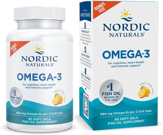 Nordic Naturals Omega-3, 690mg Fish Oil, EPA & DHA, Lemon - 90 Count | Omega-3 fish oil supports immune, brain & heart health. Optimal Wellness. Non-GMO, burpless. 45 servings.