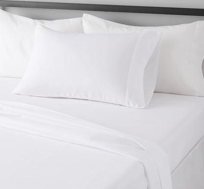 Amazon Basics Lightweight Super Soft Breathable Wrinkle-Resistant Microfiber 4-Piece Bed Sheet Set with 14-Inch Deep Pockets, Queen, Bright White, Solid