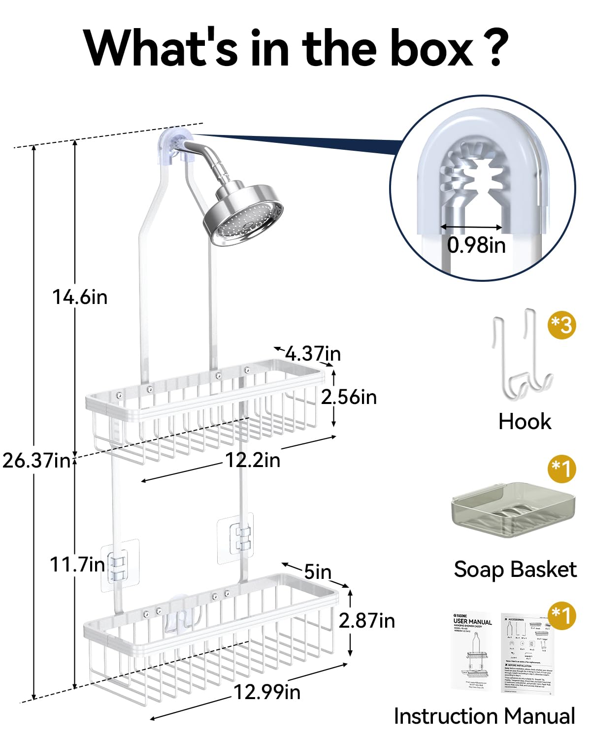 Never Rust Shower Caddy Hanging, Aluminum Shower Racks for Inside Shower, 3-Tier Shower Organizer Hanging Over Shower Head with Hooks and Soap Holder, Rose Gold
