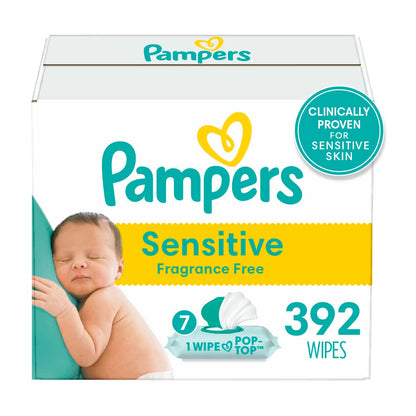 Pampers Sensitive Baby Wipes, Clinically Proven, Fragrance Free, Unscented, Water Based, Hypoallergenic, Multi-Use, Hand Wipes 1008 Wipes Total (18X Flip-Top Packs) [Packaging May Vary]