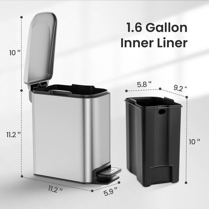 Cesun Small Bathroom Trash Can with Lid, 1.6 Gal, Soft Close, Sage Green | Step pedal soft close, Slim 5.9in fits narrow spaces, Stainless steel, Anti-fingerprint, Removable inner bucket, Odor seal