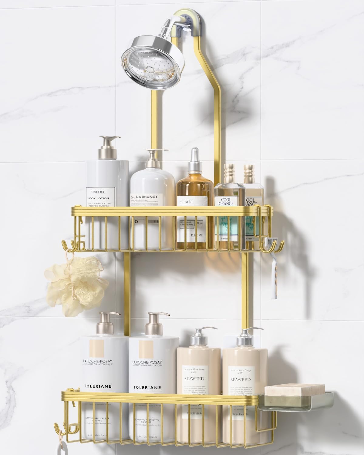 Never Rust Shower Caddy Hanging, Aluminum Shower Racks for Inside Shower, 3-Tier Shower Organizer Hanging Over Shower Head with Hooks and Soap Holder, Rose Gold
