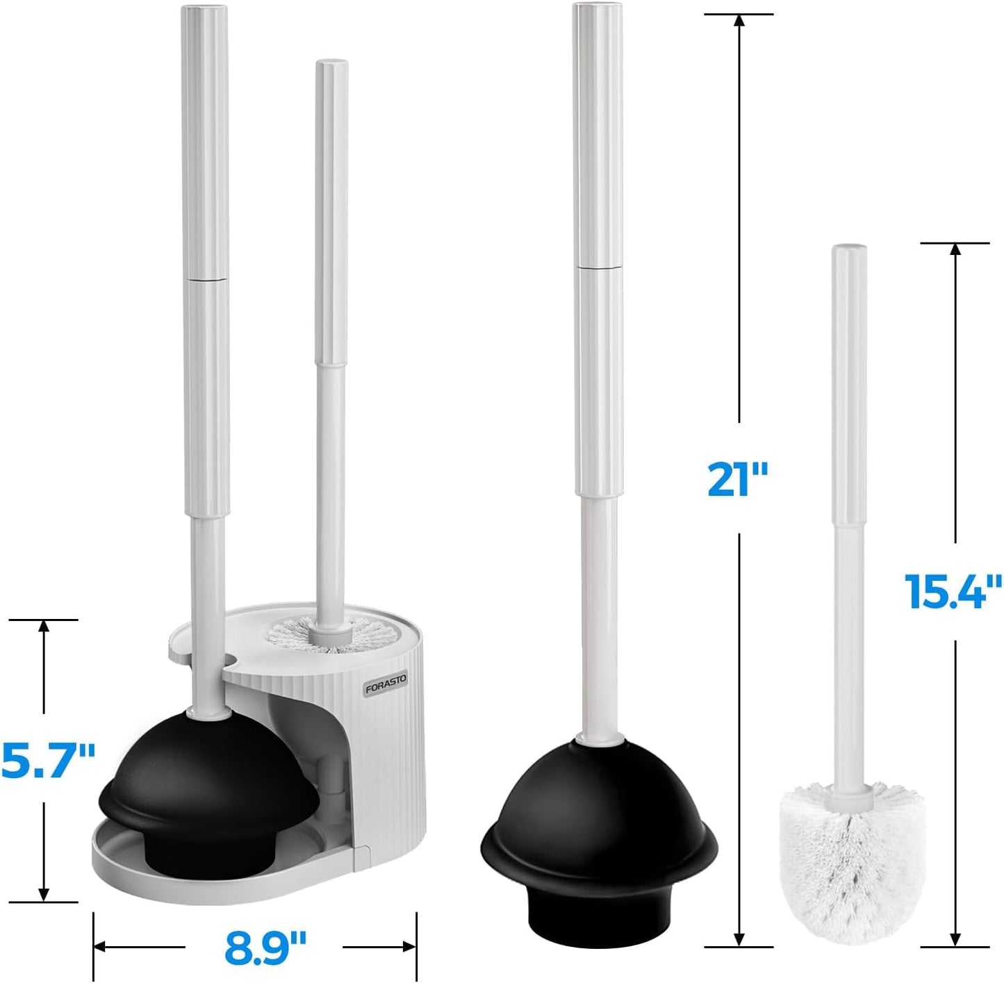 FORASTO 2in1 Toilet Brush and Plunger Set - Bathroom Bowl Holder Combo | 21" Extended, Apartment Must Haves, Accessories Decor, Essentials, New Home Storage, Scrubbing Tools, Washing Supplies, Black