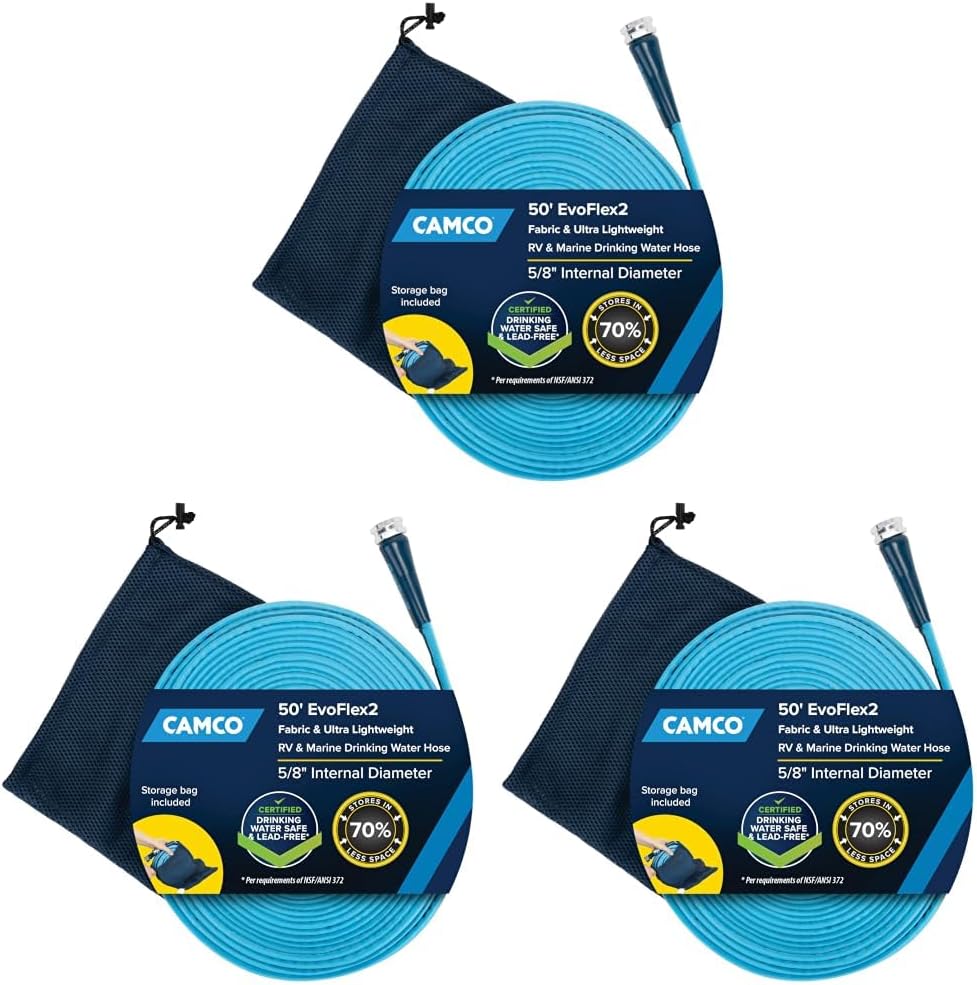 Camco EvoFlex2 50-ft RV Drinking Water Hose | Lightweight RV Drinking Water Hose Reinforced w/ Fabric - Contains No Lead, No BPA & No Phthalate -Abrasion Resistant (22579)