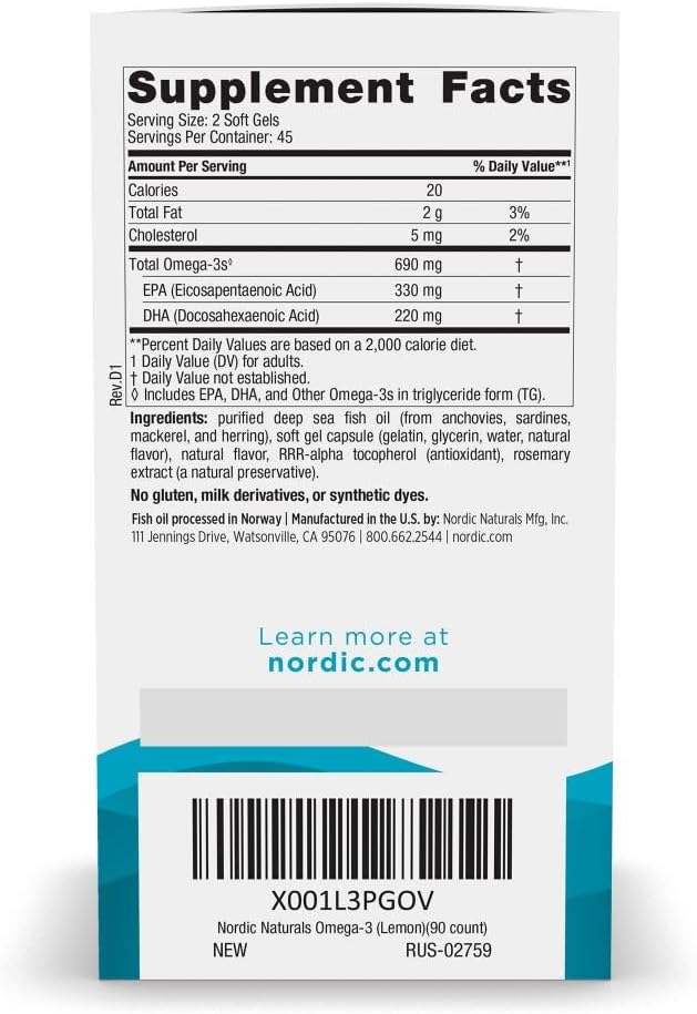 Nordic Naturals Omega-3, 690mg Fish Oil, EPA & DHA, Lemon - 90 Count | Omega-3 fish oil supports immune, brain & heart health. Optimal Wellness. Non-GMO, burpless. 45 servings.