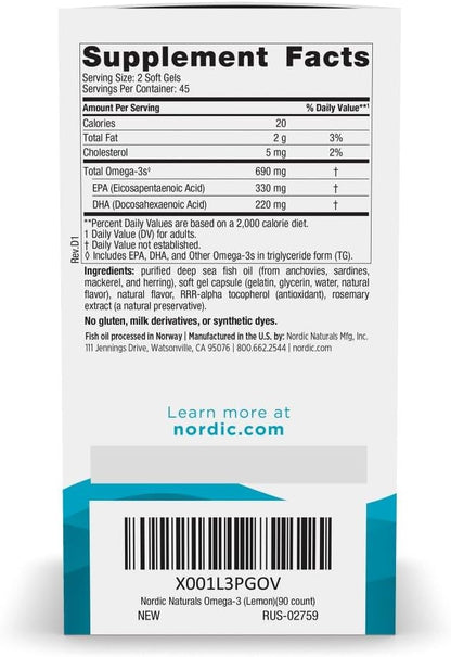 Nordic Naturals Omega-3, 690mg Fish Oil, EPA & DHA, Lemon - 90 Count | Omega-3 fish oil supports immune, brain & heart health. Optimal Wellness. Non-GMO, burpless. 45 servings.