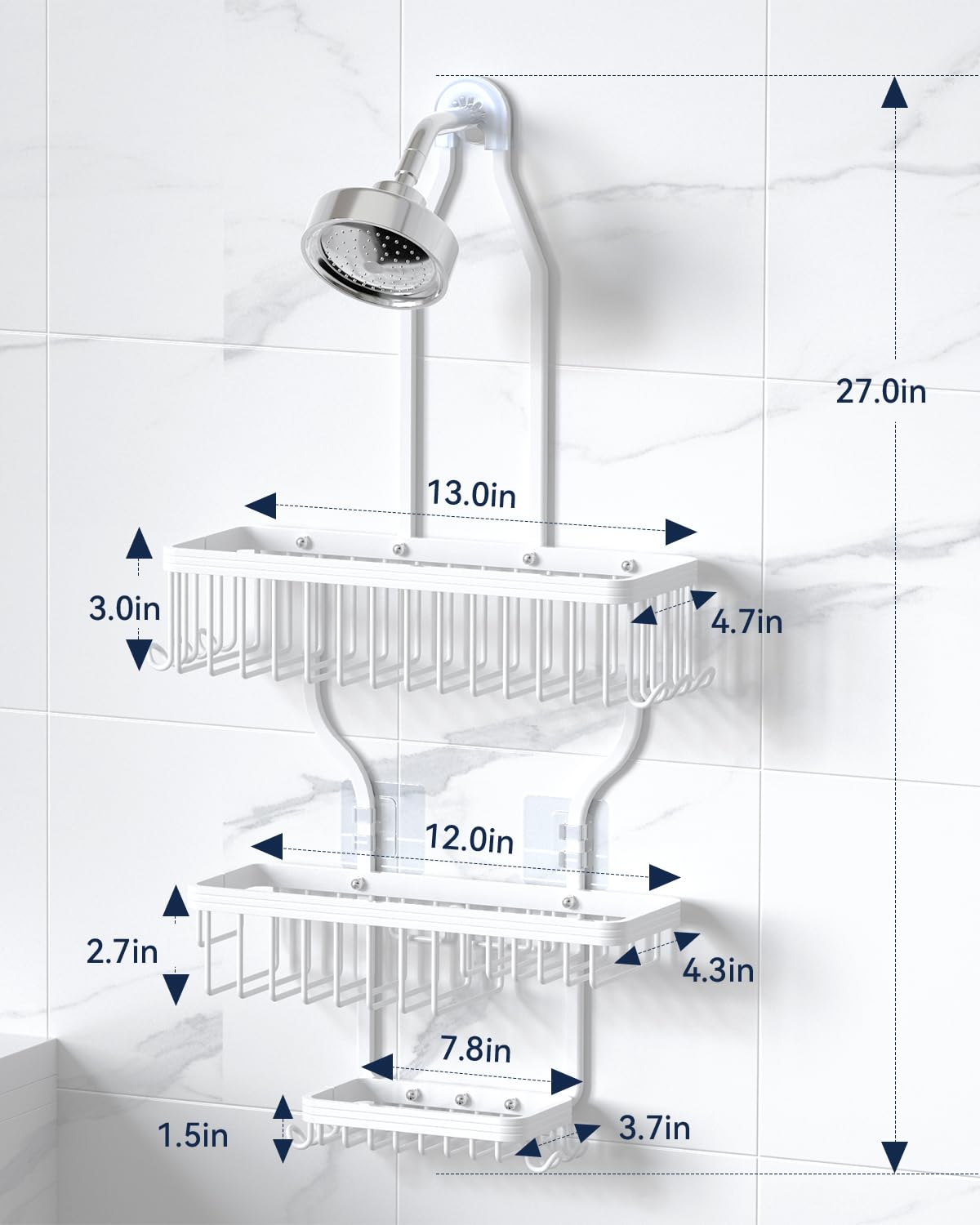 Never Rust Shower Caddy Hanging, Aluminum Shower Racks for Inside Shower, 3-Tier Shower Organizer Hanging Over Shower Head with Hooks and Soap Holder, Rose Gold