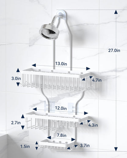 Never Rust Shower Caddy Hanging, Aluminum Shower Racks for Inside Shower, 3-Tier Shower Organizer Hanging Over Shower Head with Hooks and Soap Holder, Rose Gold