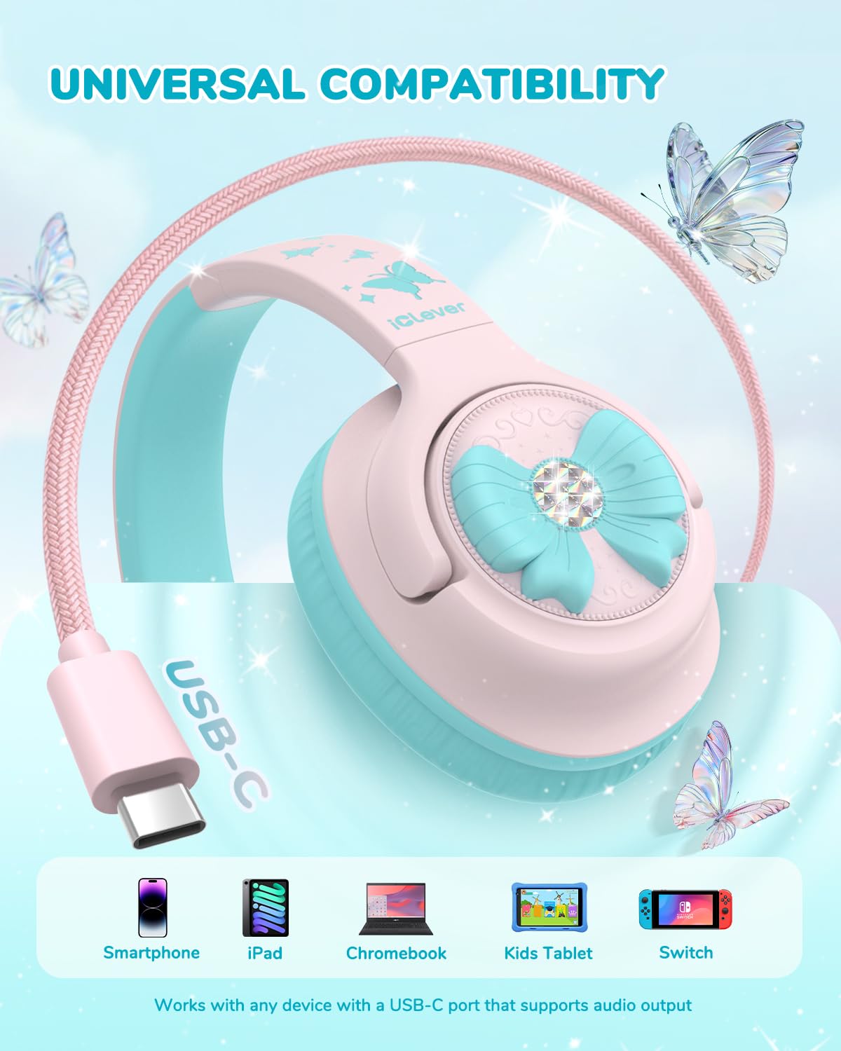 iClever C371 Kids Headphones with Cord for School Boys Girls Travel Gift | SafeSound Tech3.0, Stereo Sound, 3.5mm Jack, Foldable, Durable Headband, Safe Wired Headphones for Kids, Powder Blue