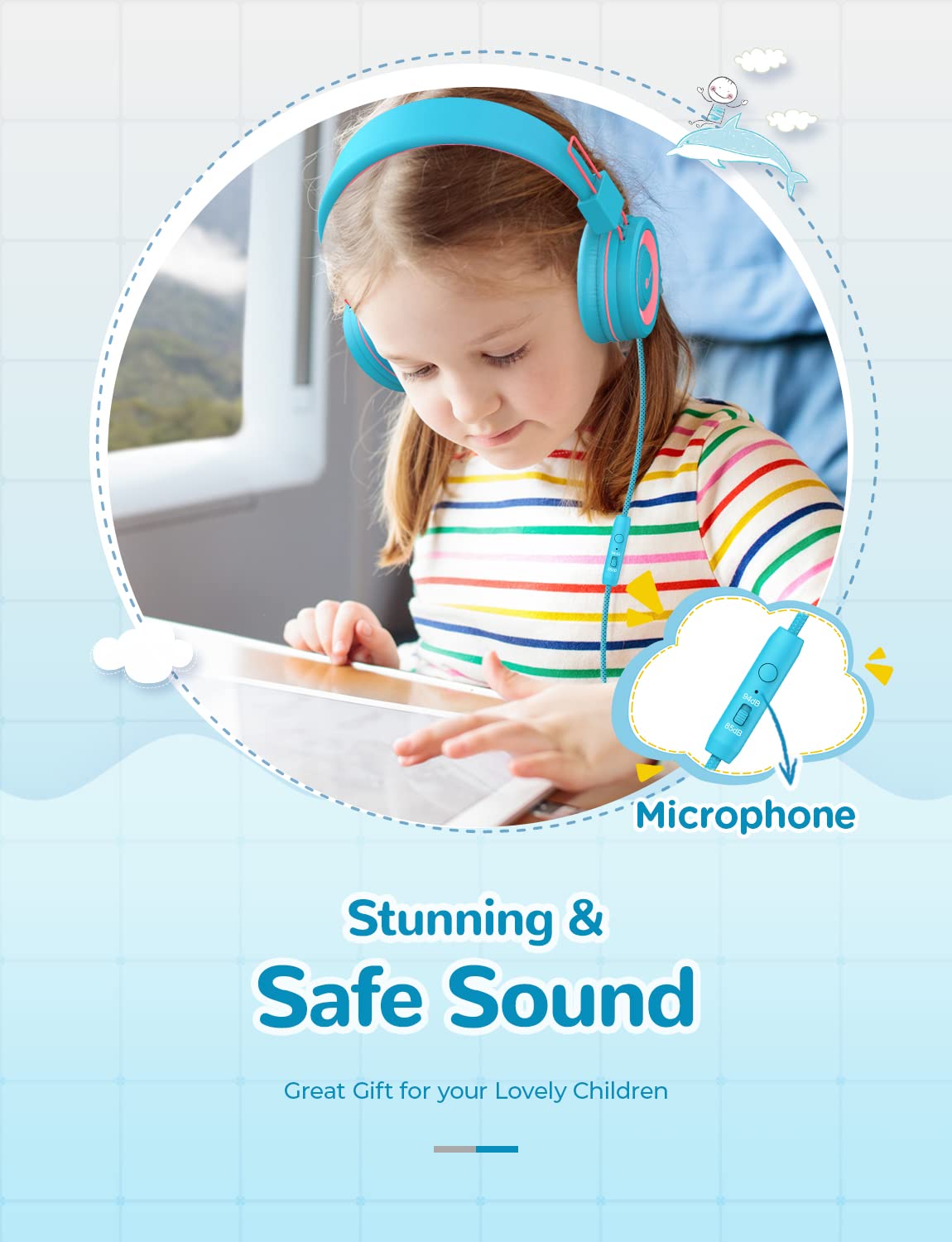 iClever C371 Kids Headphones with Cord for School Boys Girls Travel Gift | SafeSound Tech3.0, Stereo Sound, 3.5mm Jack, Foldable, Durable Headband, Safe Wired Headphones for Kids, Powder Blue