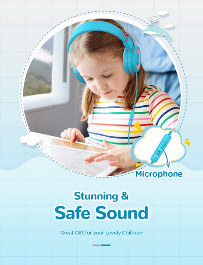 iClever C371 Kids Headphones with Cord for School Boys Girls Travel Gift | SafeSound Tech3.0, Stereo Sound, 3.5mm Jack, Foldable, Durable Headband, Safe Wired Headphones for Kids, Powder Blue