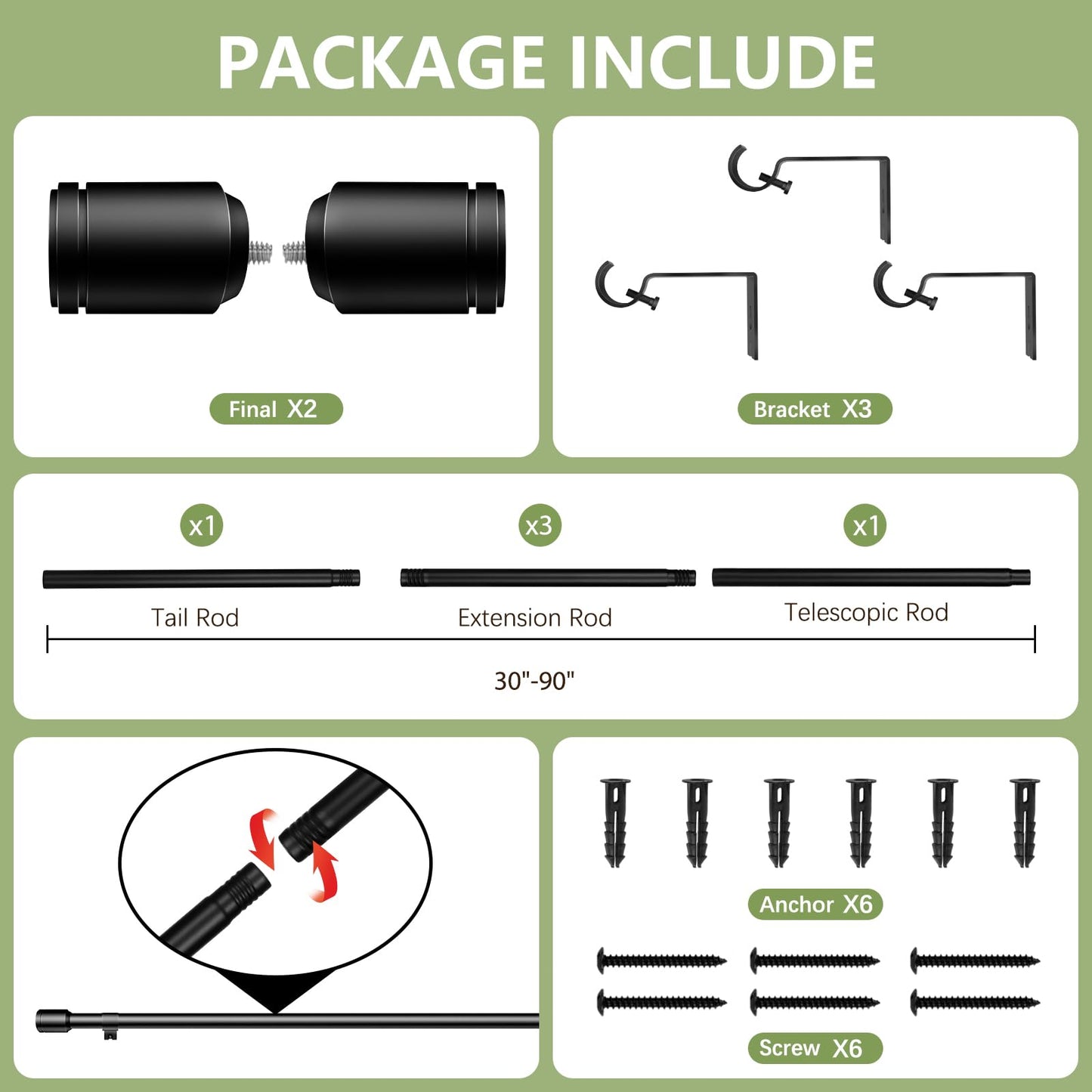Curtain Rods 30-60 Inch, Adjustable Black Curtain Rods for Windows 2 Pack | 5/8" Diameter for 30-54 Inch Windows, Spliced Window Treatment Rod with Brackets, Long Small Rod for Bedroom, Living Room