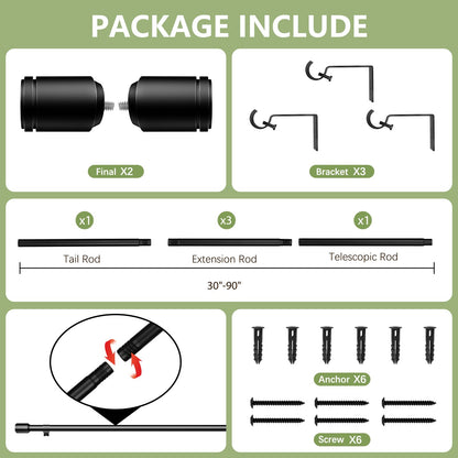 Curtain Rods 30-60 Inch, Adjustable Black Curtain Rods for Windows 2 Pack | 5/8" Diameter for 30-54 Inch Windows, Spliced Window Treatment Rod with Brackets, Long Small Rod for Bedroom, Living Room