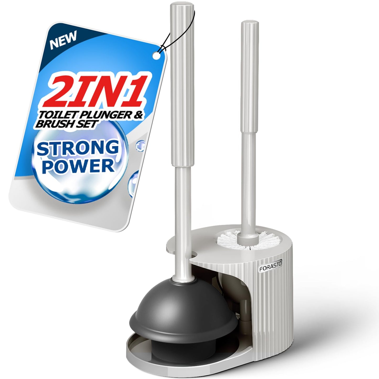 FORASTO 2in1 Toilet Brush and Plunger Set - Bathroom Bowl Holder Combo | 21" Extended, Apartment Must Haves, Accessories Decor, Essentials, New Home Storage, Scrubbing Tools, Washing Supplies, Black