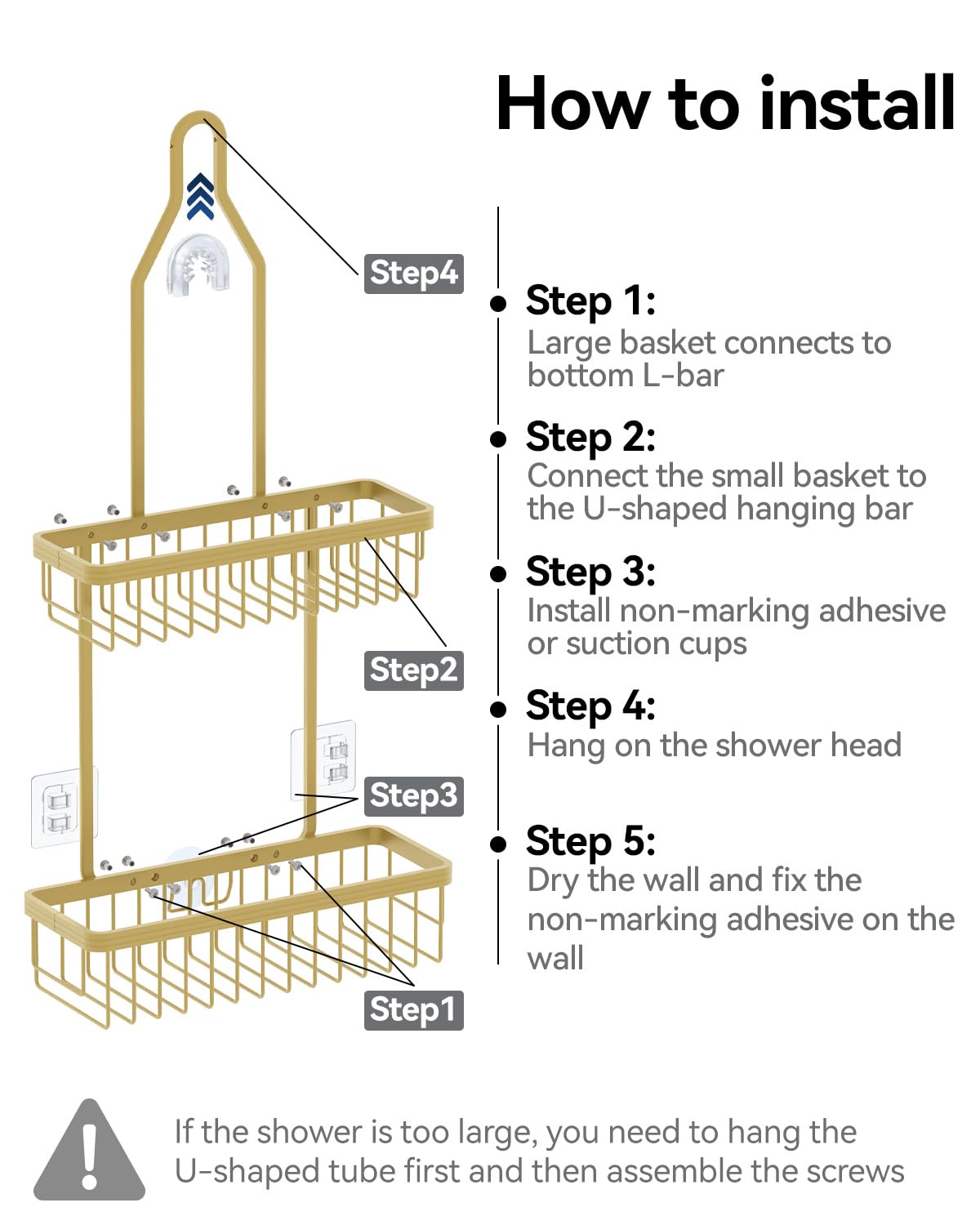 Never Rust Shower Caddy Hanging, Aluminum Shower Racks for Inside Shower, 3-Tier Shower Organizer Hanging Over Shower Head with Hooks and Soap Holder, Rose Gold