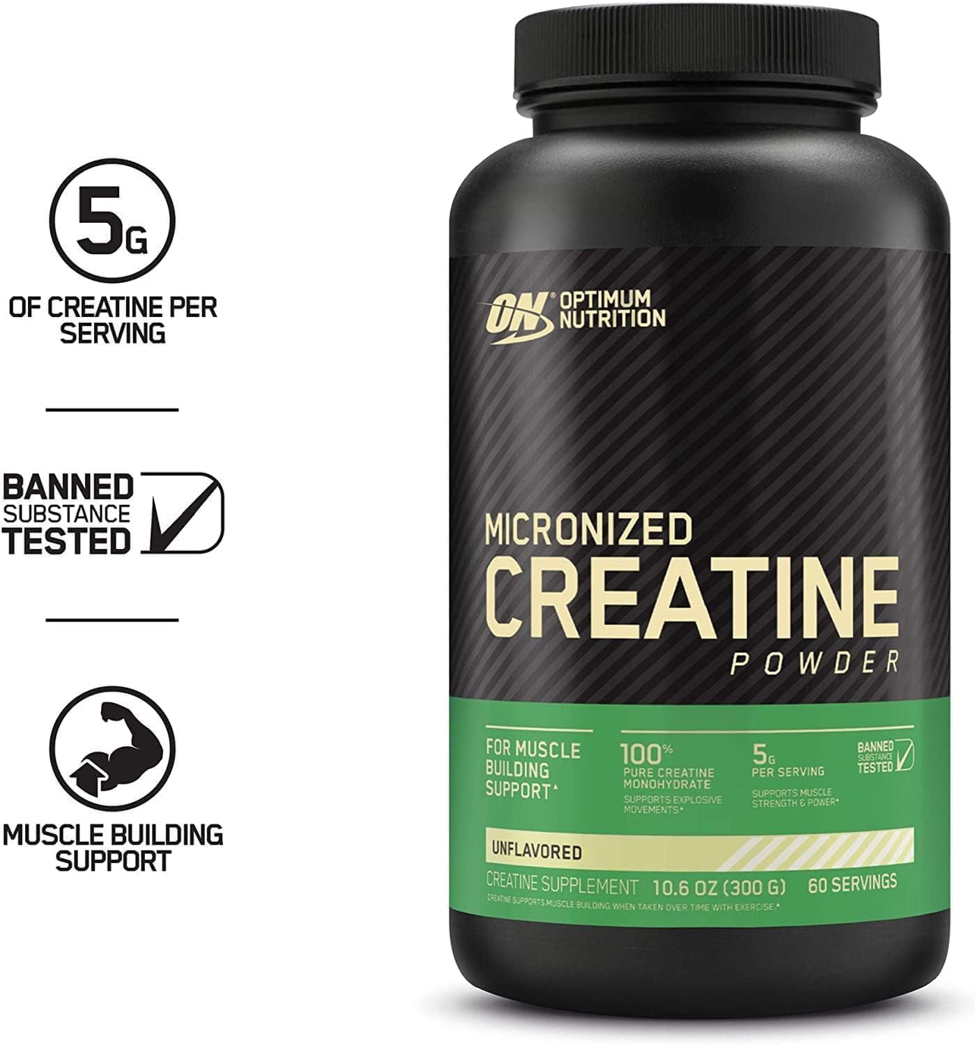Optimum Nutrition Creatine, Micronized Creatine Monohydrate Powder, Supports Strength & Recovery, Banned Substance Tested, Unflavored, 5g per Serving, 60 Servings | 5g Micronized Creatine Monohydrate Powder Per Serving, Supports Muscle Strength & Power, E