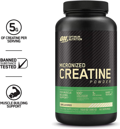 Optimum Nutrition Creatine, Micronized Creatine Monohydrate Powder, Supports Strength & Recovery, Banned Substance Tested, Unflavored, 5g per Serving, 60 Servings | 5g Micronized Creatine Monohydrate Powder Per Serving, Supports Muscle Strength & Power, E