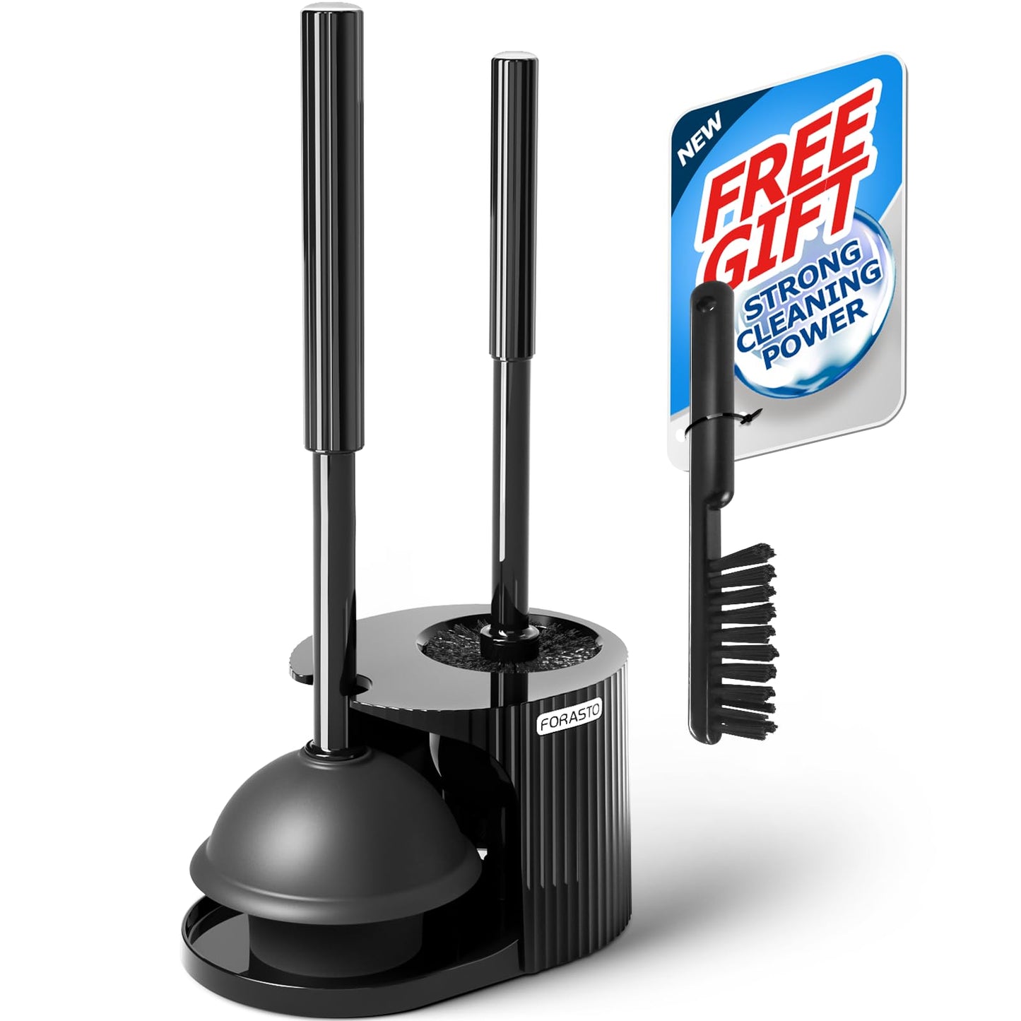 FORASTO 2in1 Toilet Brush and Plunger Set - Bathroom Bowl Holder Combo | 21" Extended, Apartment Must Haves, Accessories Decor, Essentials, New Home Storage, Scrubbing Tools, Washing Supplies, Black