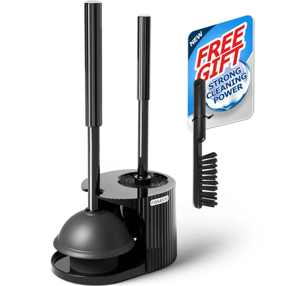 FORASTO 2in1 Toilet Brush and Plunger Set - Bathroom Bowl Holder Combo | 21" Extended, Apartment Must Haves, Accessories Decor, Essentials, New Home Storage, Scrubbing Tools, Washing Supplies, Black