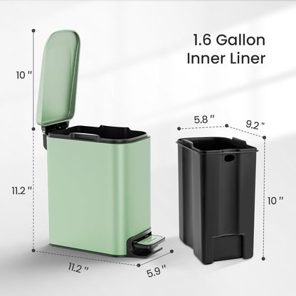Cesun Small Bathroom Trash Can with Lid, 1.6 Gal, Soft Close, Sage Green | Step pedal soft close, Slim 5.9in fits narrow spaces, Stainless steel, Anti-fingerprint, Removable inner bucket, Odor seal