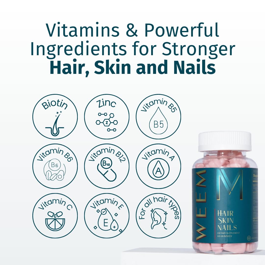 WEEM Hair Skin and Nails Gummies - Supports Healthy Hair - Vegan biotin Vitamins for Women & Men Supports Faster Hair Growth, Stronger Nails, Healthy Skin, Extra Strength (2)