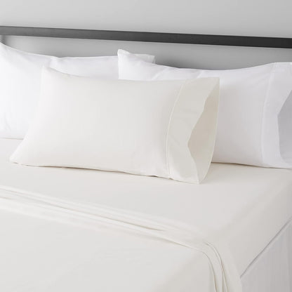 Amazon Basics Lightweight Super Soft Breathable Wrinkle-Resistant Microfiber 4-Piece Bed Sheet Set with 14-Inch Deep Pockets, Queen, Bright White, Solid