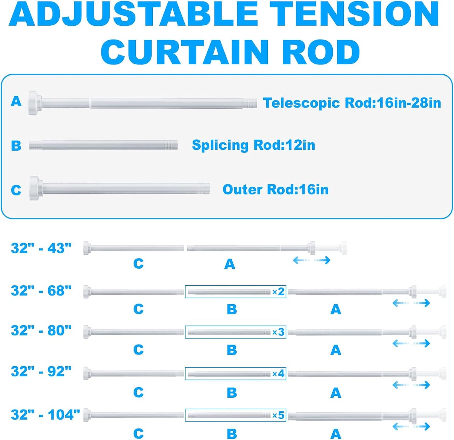 TEECK Shower Curtain Rod, 32-80 inch Adjustable Spring Tension Curtain Rod, Never Rust Anti-Slip Shower Curtain Rod for Bathroom, No Drilling, Never Collapse, Easy to Use, Silver
