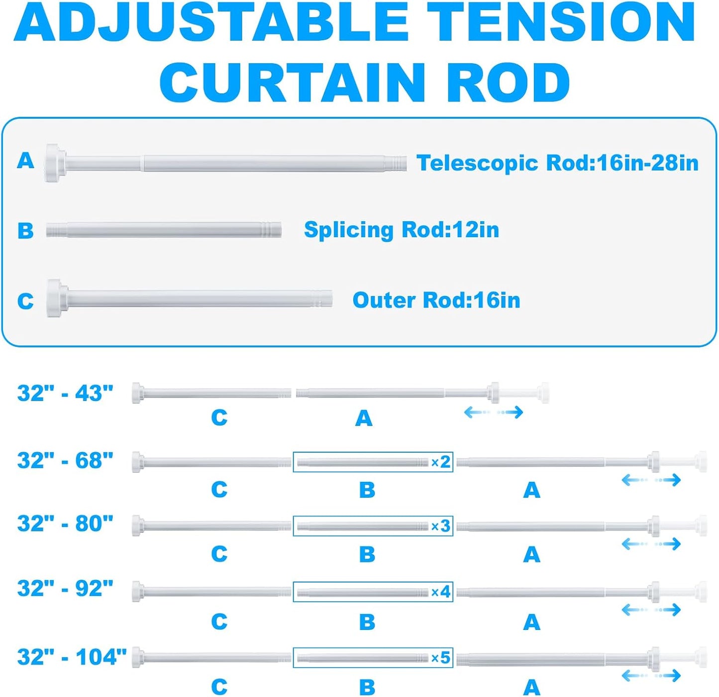 TEECK Shower Curtain Rod, 32-80 inch Adjustable Spring Tension Curtain Rod, Never Rust Anti-Slip Shower Curtain Rod for Bathroom, No Drilling, Never Collapse, Easy to Use, Silver