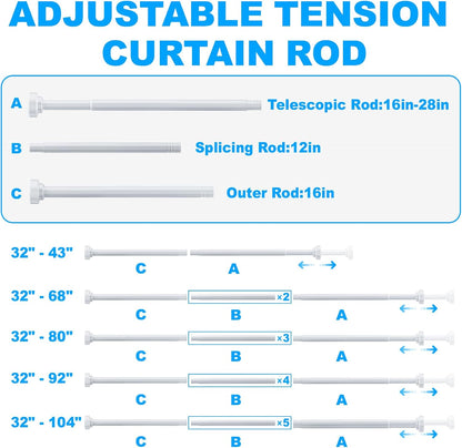 TEECK Shower Curtain Rod, 32-80 inch Adjustable Spring Tension Curtain Rod, Never Rust Anti-Slip Shower Curtain Rod for Bathroom, No Drilling, Never Collapse, Easy to Use, Silver