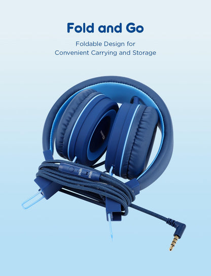 iClever C371 Kids Headphones with Cord for School Boys Girls Travel Gift | SafeSound Tech3.0, Stereo Sound, 3.5mm Jack, Foldable, Durable Headband, Safe Wired Headphones for Kids, Powder Blue