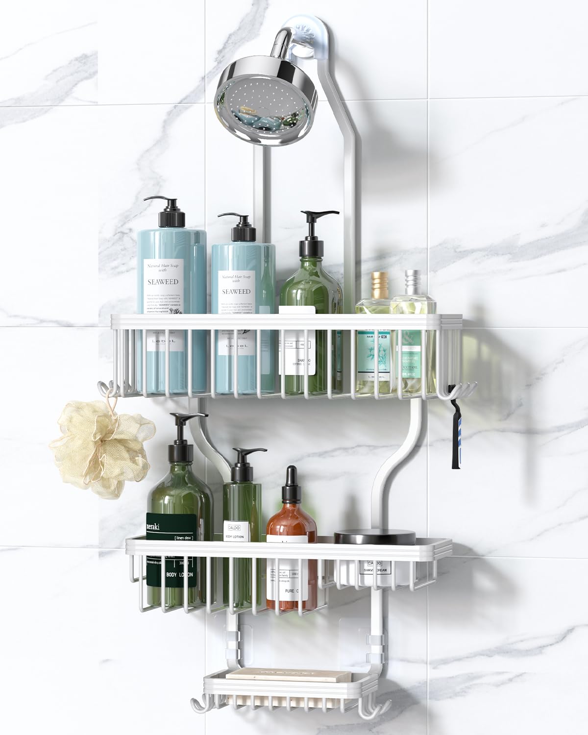 Never Rust Shower Caddy Hanging, Aluminum Shower Racks for Inside Shower, 3-Tier Shower Organizer Hanging Over Shower Head with Hooks and Soap Holder, Rose Gold