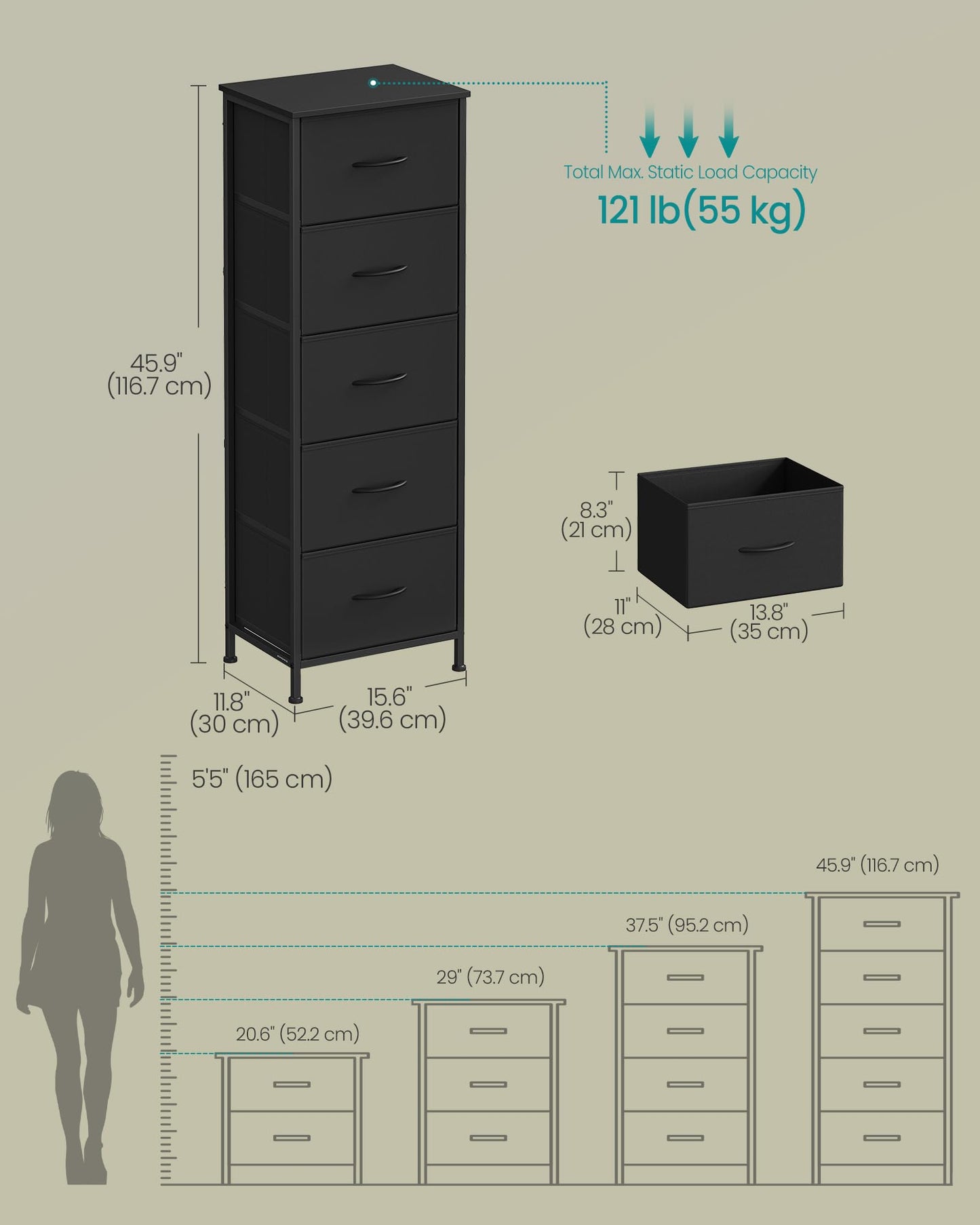 SONGMICS BELLAH Collection - Dresser for Bedroom, Chest of Drawers, Storage Organizer Unit, Closet, Entryway, Steel, 4 Drawers, Modern, Ink Black and Ebony Black ULGS314B01S