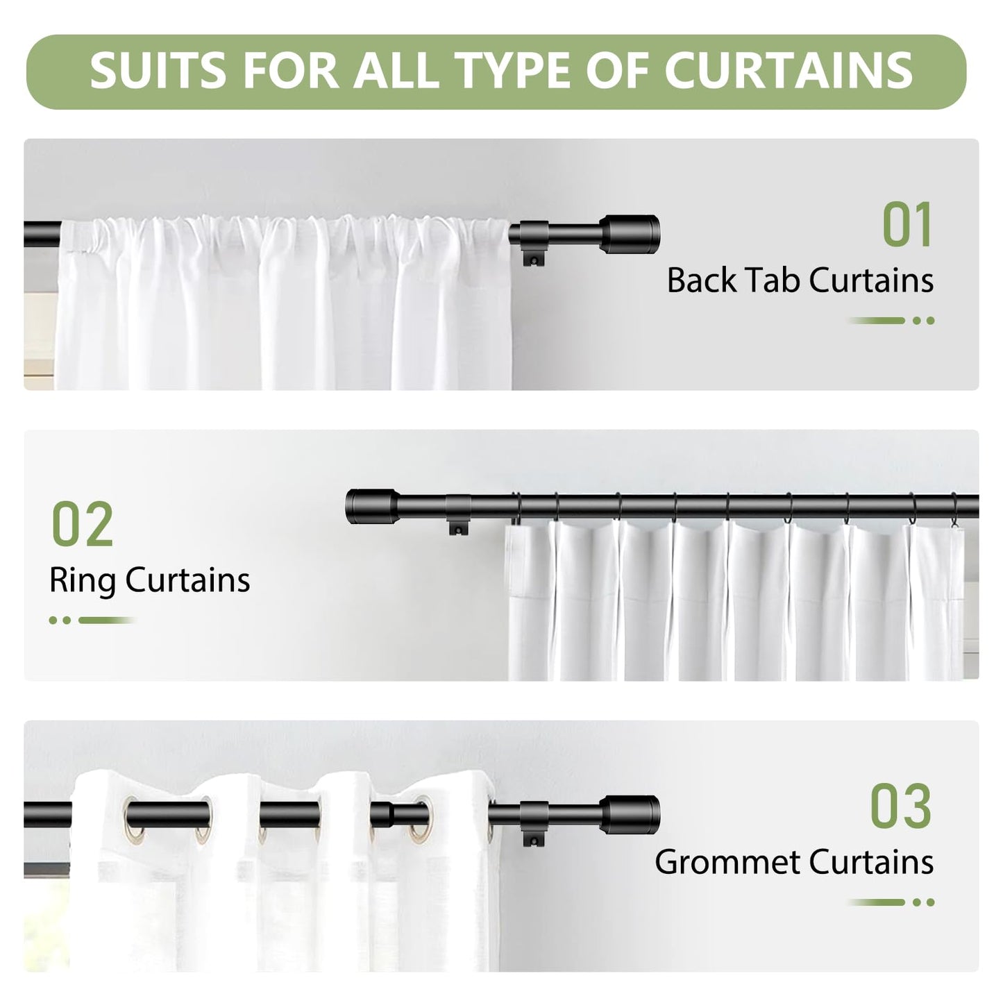 Curtain Rods 30-60 Inch, Adjustable Black Curtain Rods for Windows 2 Pack | 5/8" Diameter for 30-54 Inch Windows, Spliced Window Treatment Rod with Brackets, Long Small Rod for Bedroom, Living Room