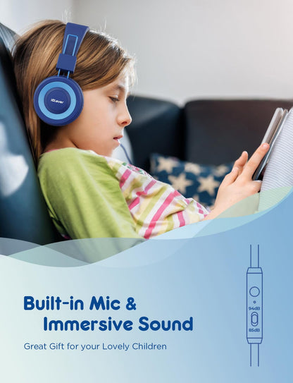 iClever C371 Kids Headphones with Cord for School Boys Girls Travel Gift | SafeSound Tech3.0, Stereo Sound, 3.5mm Jack, Foldable, Durable Headband, Safe Wired Headphones for Kids, Powder Blue