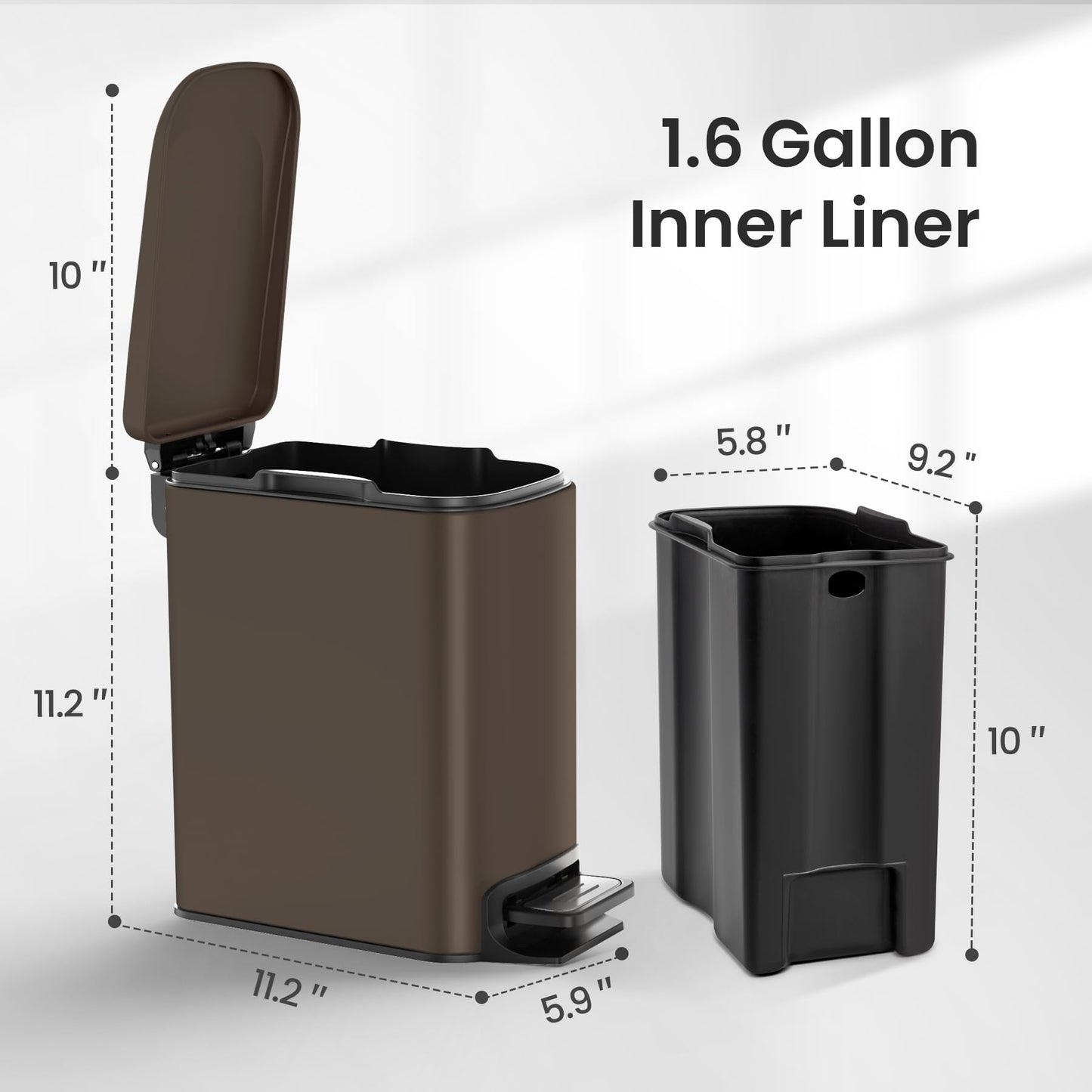 Cesun Small Bathroom Trash Can with Lid, 1.6 Gal, Soft Close, Sage Green | Step pedal soft close, Slim 5.9in fits narrow spaces, Stainless steel, Anti-fingerprint, Removable inner bucket, Odor seal